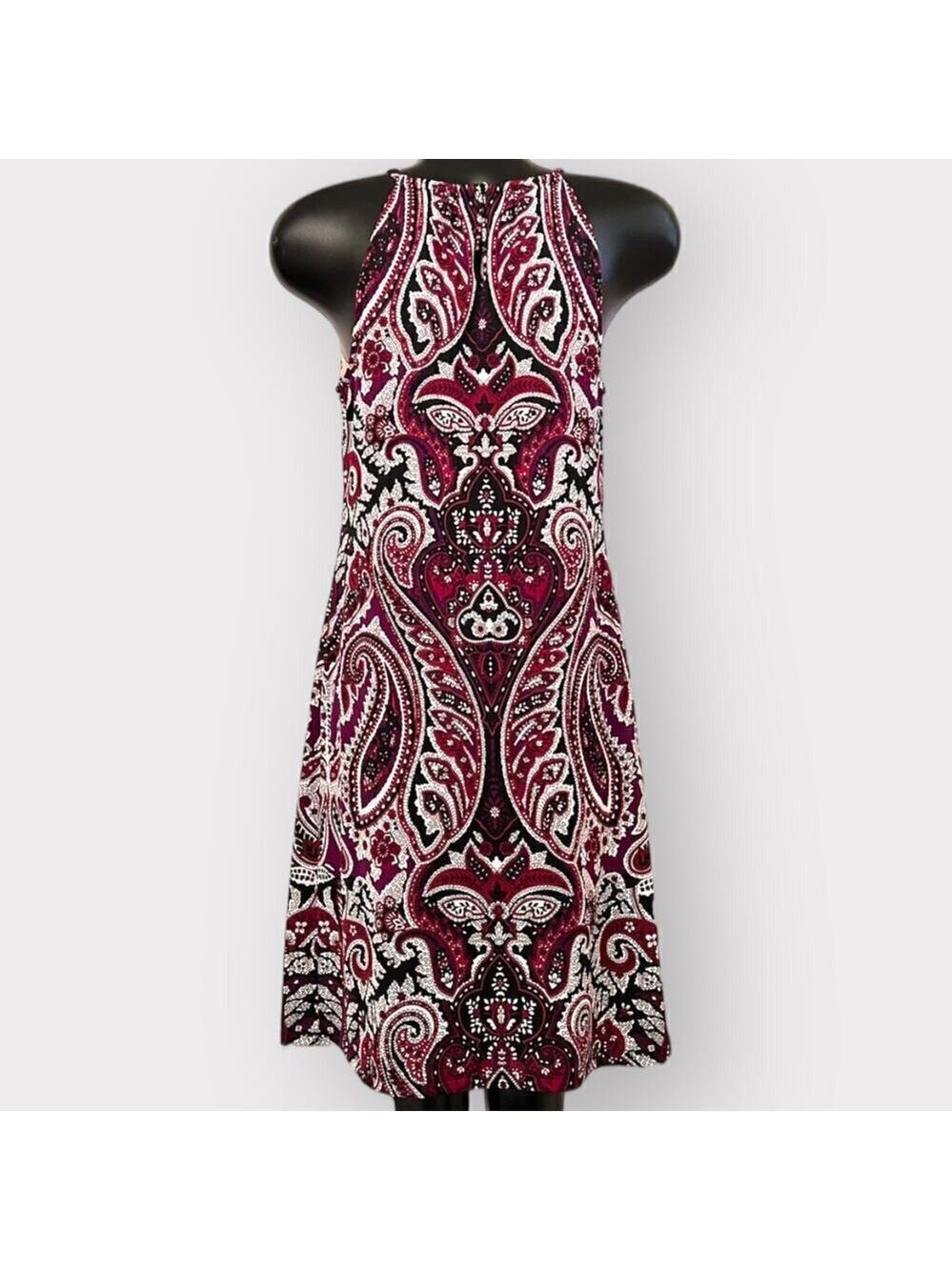 INC Womens Jewel Neck Mini Shift Dress with Bling sz M Black Burgundy Paisley - Picture 2 of 7